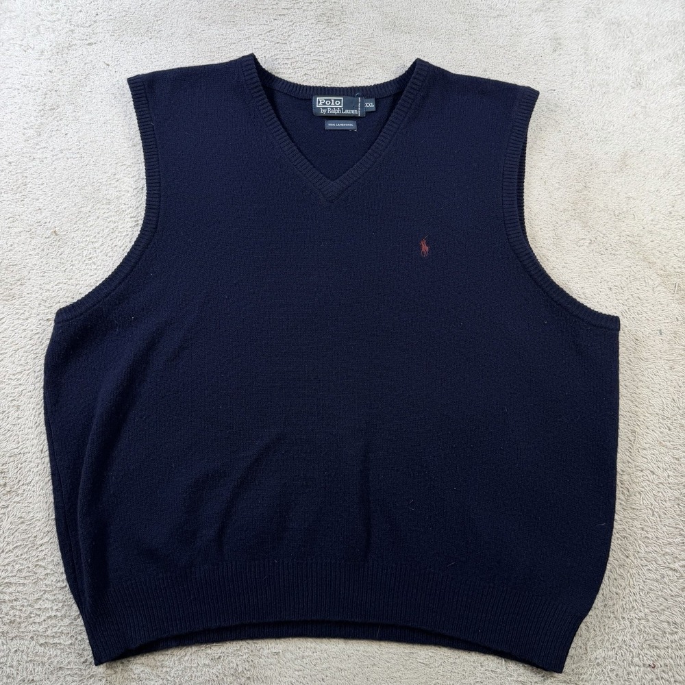 Polo Ralph Lauren Vest Mens 2XL Navy 100% Lambs Wool Pony Sleeveless V-Neck
